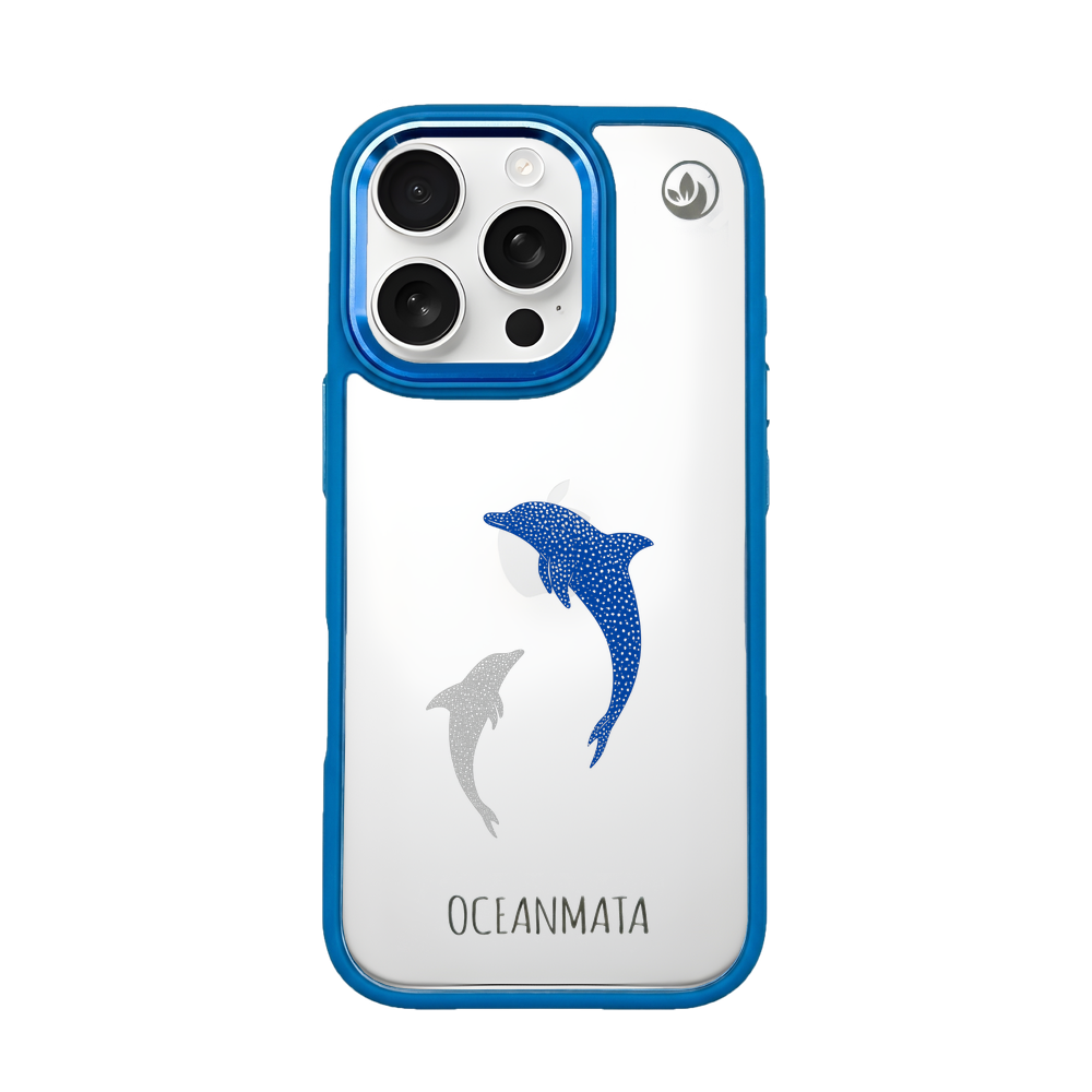 iPhone 16 pro hoesje - dolfijnblauw - "Dolphin Twins" - duurzaam