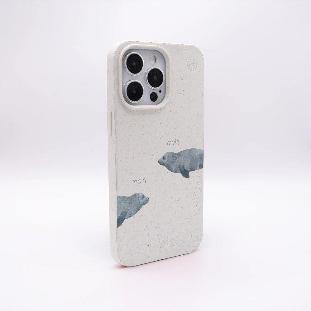 iPhone 13 pro Hülle - Robbe weiß - "mooornin" - nachhaltig