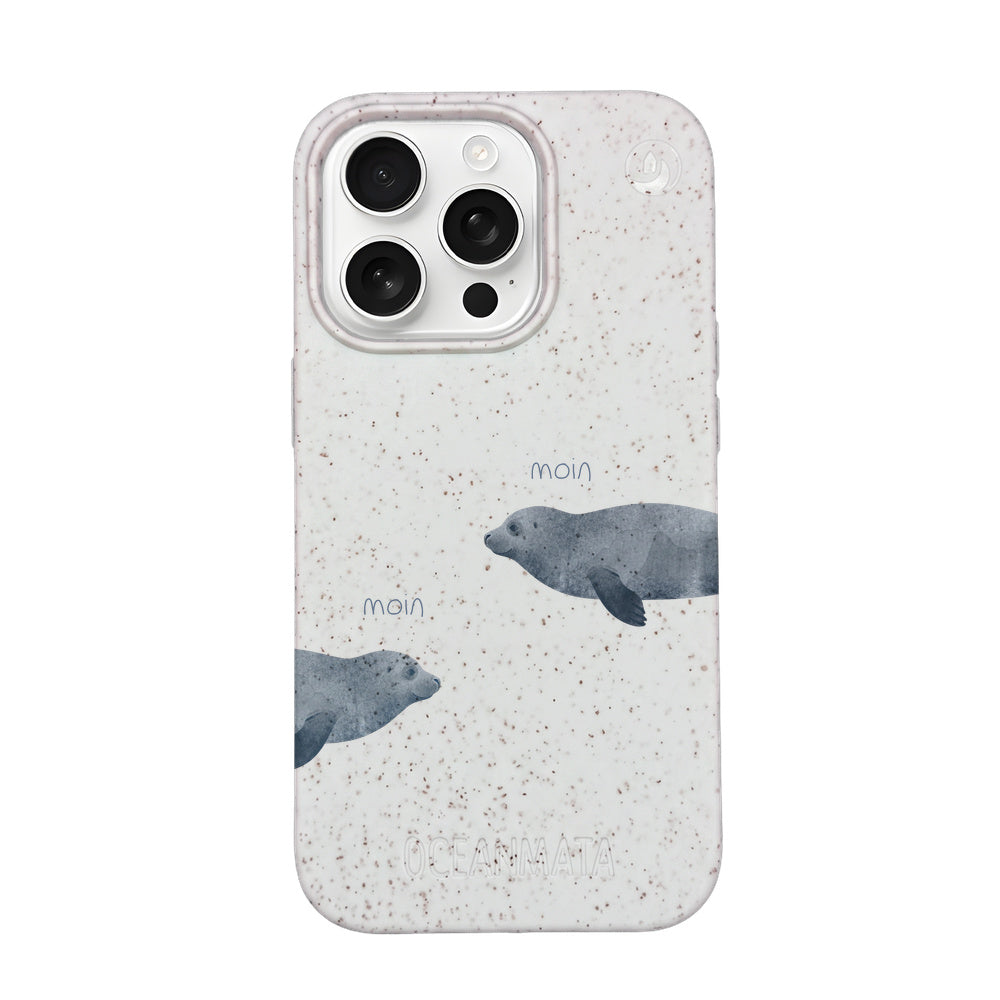 iPhone 16 pro Hülle - Robbe weiß - "mooornin" - nachhaltig